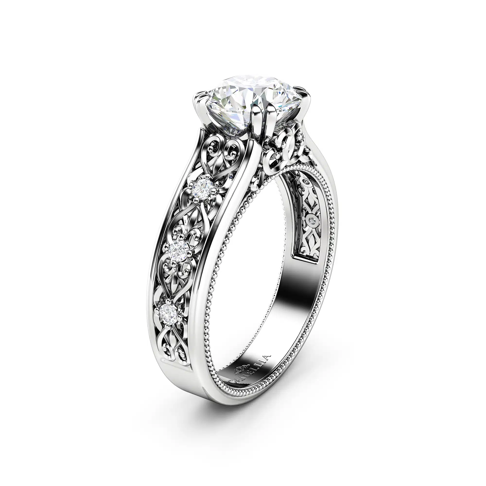 Vintage Moissanite Engagement Ring 14K White Gold Ring Unique Art Deco Engagement Ring