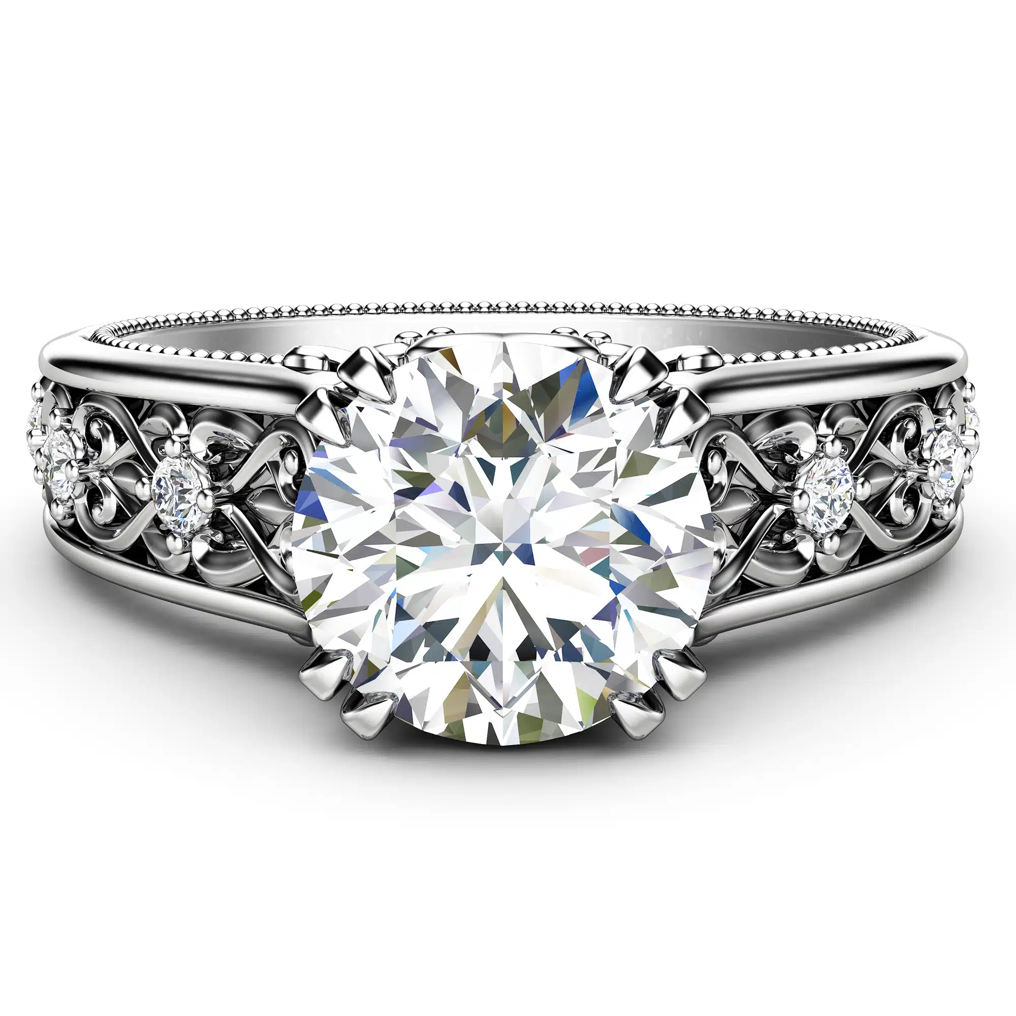 Vintage Moissanite Engagement Ring 14K White Gold Ring Unique Art Deco Engagement Ring