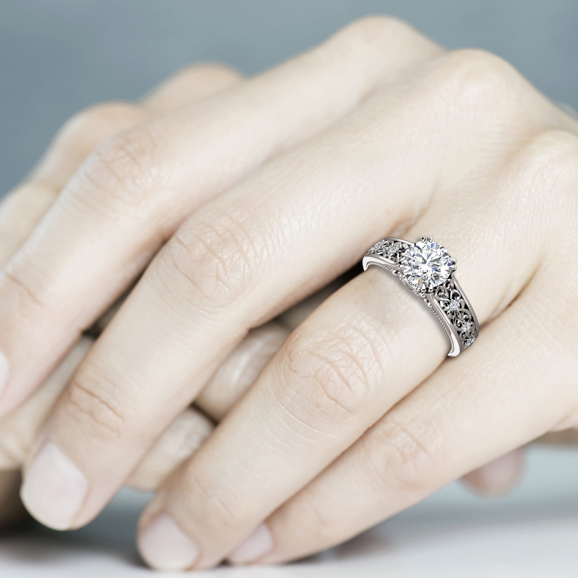 Vintage Moissanite Engagement Ring 14K White Gold Ring Unique Art Deco Engagement Ring