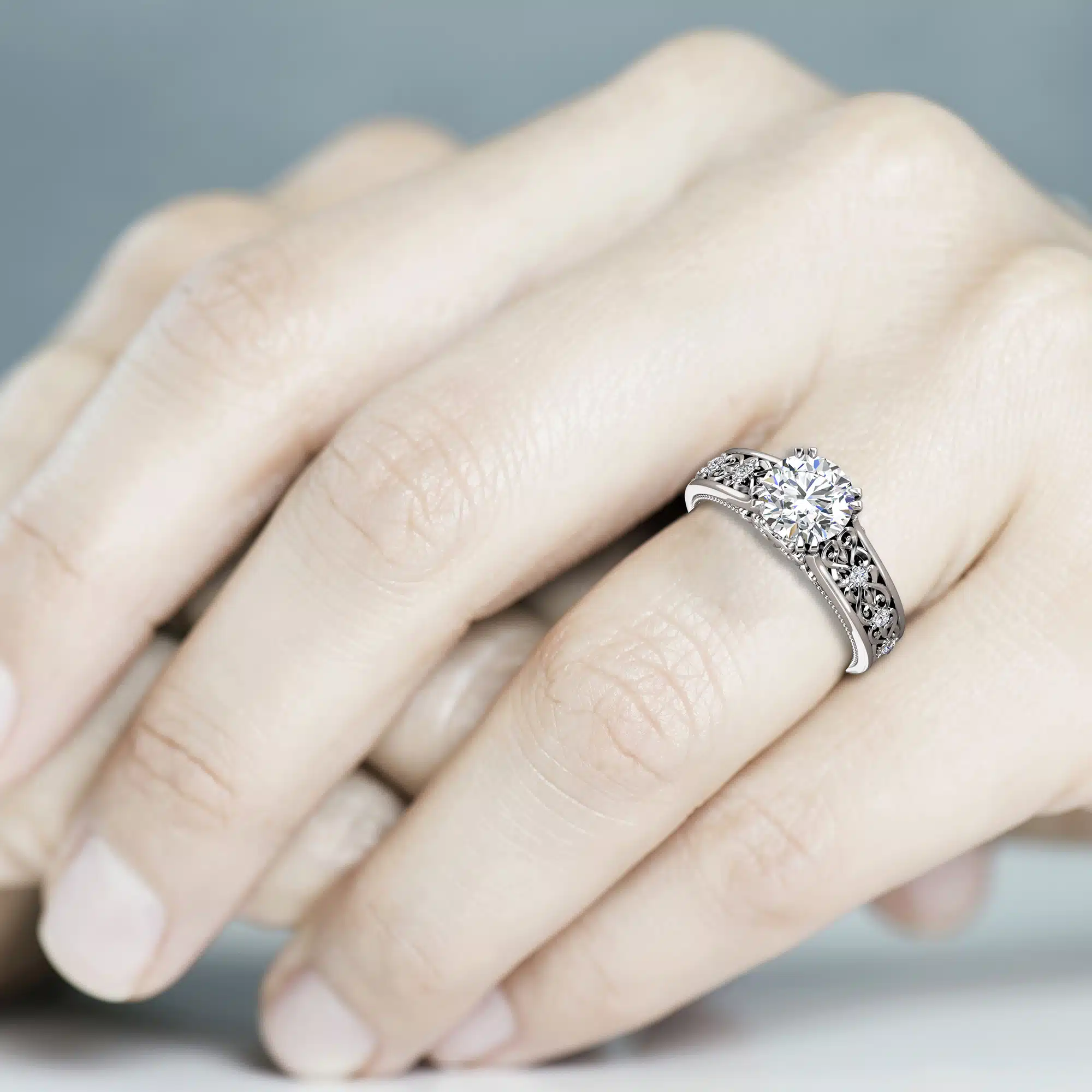 Vintage Moissanite Engagement Ring 14K White Gold Ring Unique Art Deco Engagement Ring