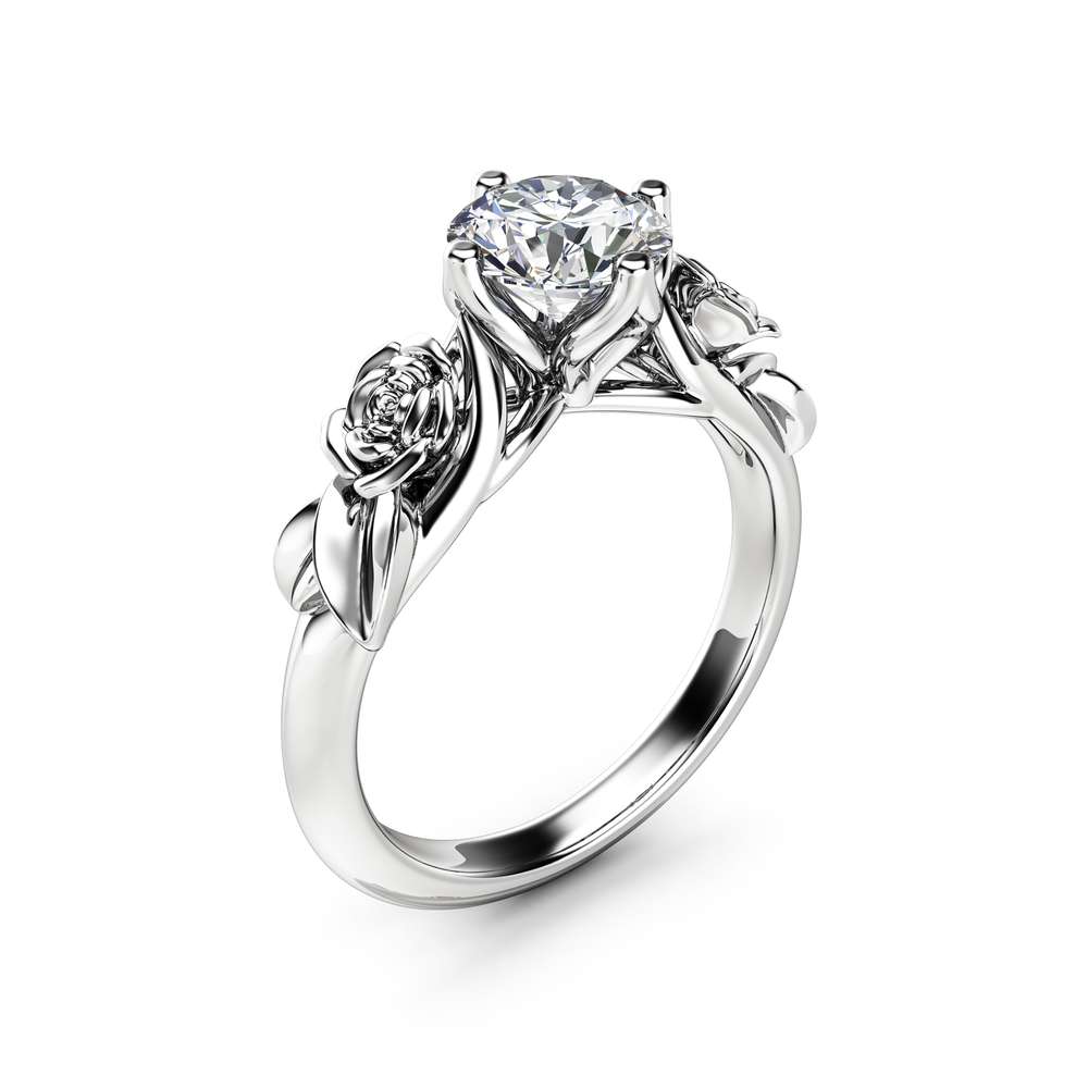 Rose and Leaf Moissanite Engagement Ring 14K White Gold Solitaire Ring Rose and Leaf Engagement Ring 1 Rose and Leaf Moissanite Engagement Ring 14K White Gold Solitaire Ring Rose and Leaf Engagement Ring