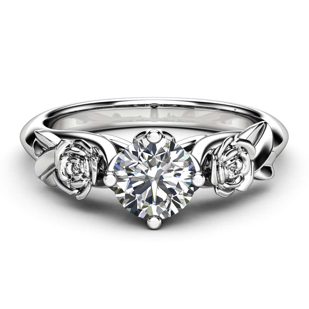 Rose and Leaf Moissanite Engagement Ring 14K White Gold Solitaire Ring Rose and Leaf Engagement Ring
