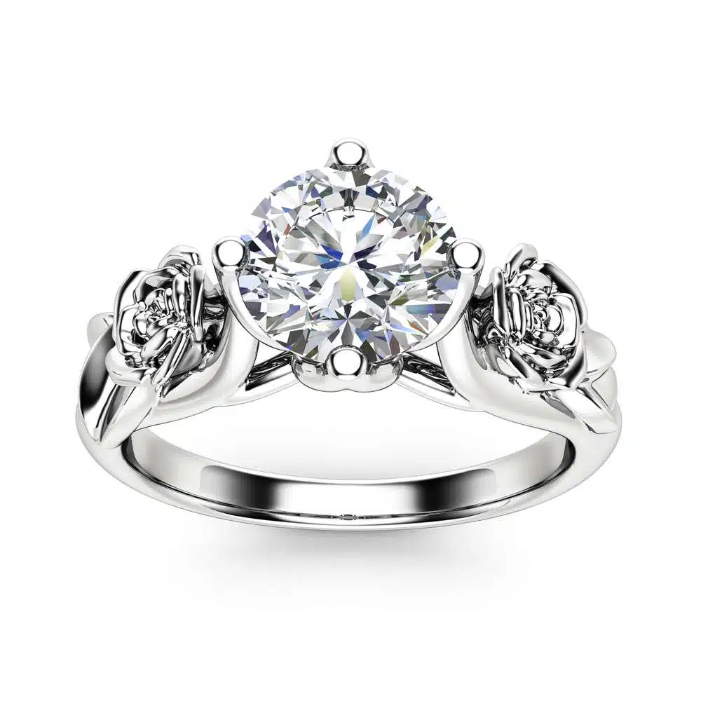Rose and Leaf Moissanite Engagement Ring 14K White Gold Solitaire Ring Rose and Leaf Engagement Ring