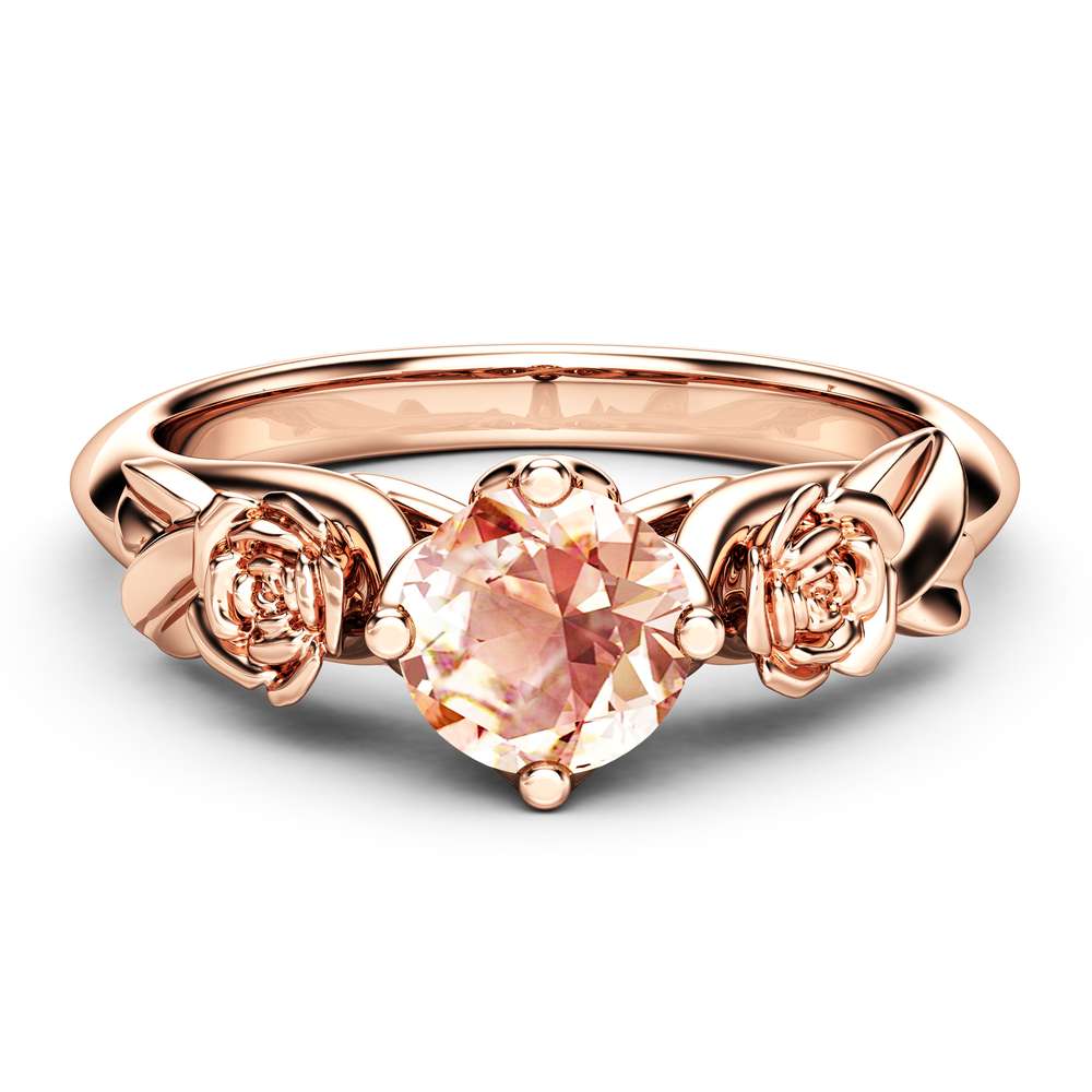 Rose and Leaf Morganite Engagement Ring 14K Rose Gold Solitaire Ring Rose and Leaf Engagement Ring