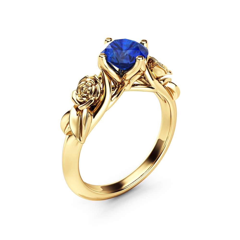 Rose and Leaf Sapphire Engagement Ring 14K Yellow Gold Solitaire Ring Rose and Leaf Engagement Ring 1 Rose and Leaf Sapphire Engagement Ring 14K Yellow Gold Solitaire Ring Rose and Leaf Engagement Ring