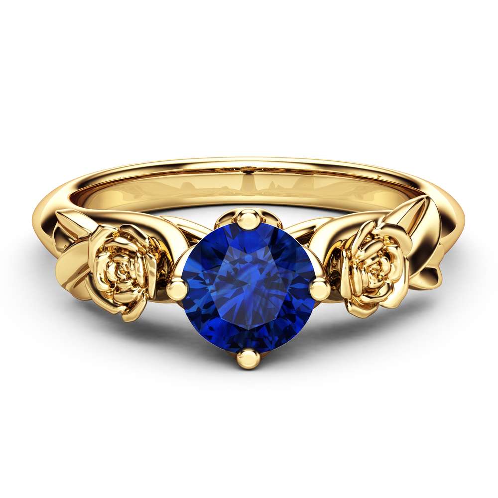 Rose and Leaf Sapphire Engagement Ring 14K Yellow Gold Solitaire Ring Rose and Leaf Engagement Ring