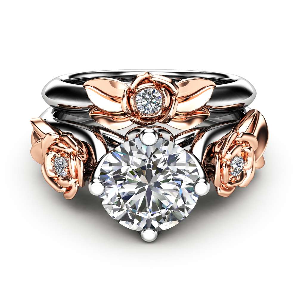Engagement Ring Set White Gold Ring Rose Engagement Ring Moissanite Gold Ring