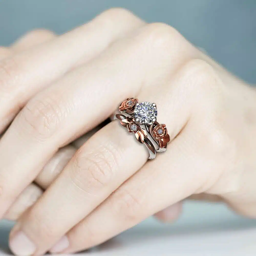 Engagement Ring Set White Gold Ring Rose Engagement Ring Moissanite Gold Ring