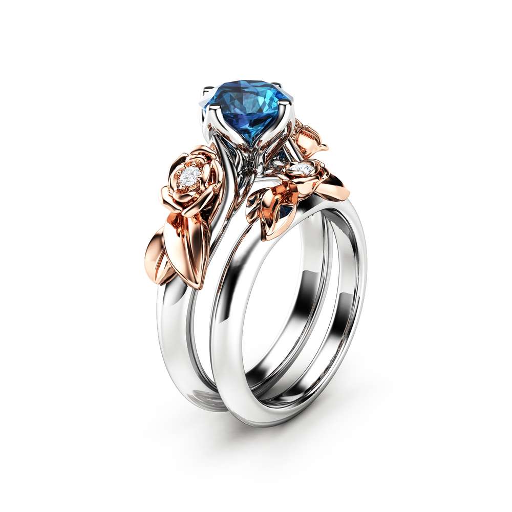 Floral Engagement Ring Unique Bridal Set Blue Topaz Engagement Ring 1 Floral Engagement Ring Unique Bridal Set Blue Topaz Engagement Ring