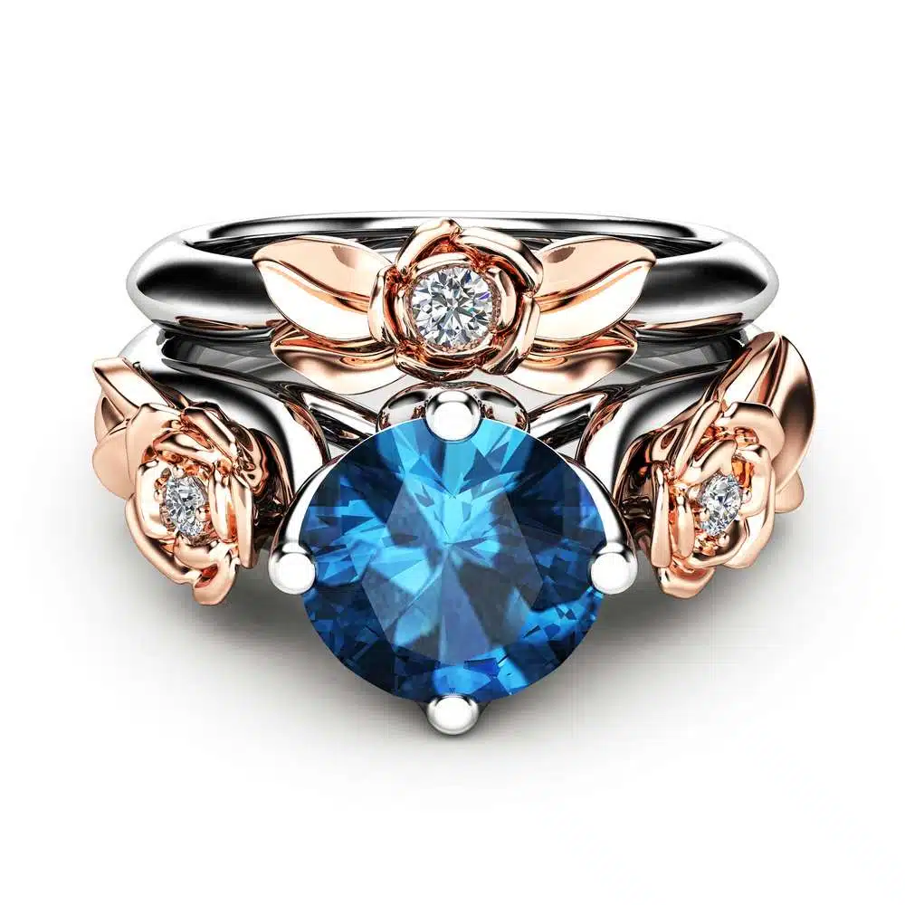 Floral Engagement Ring Unique Bridal Set Blue Topaz Engagement Ring