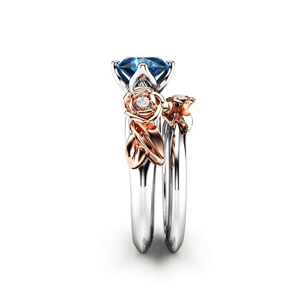 Floral Engagement Ring Unique Bridal Set Blue Topaz Engagement Ring 3 Floral Engagement Ring Unique Bridal Set Blue Topaz Engagement Ring