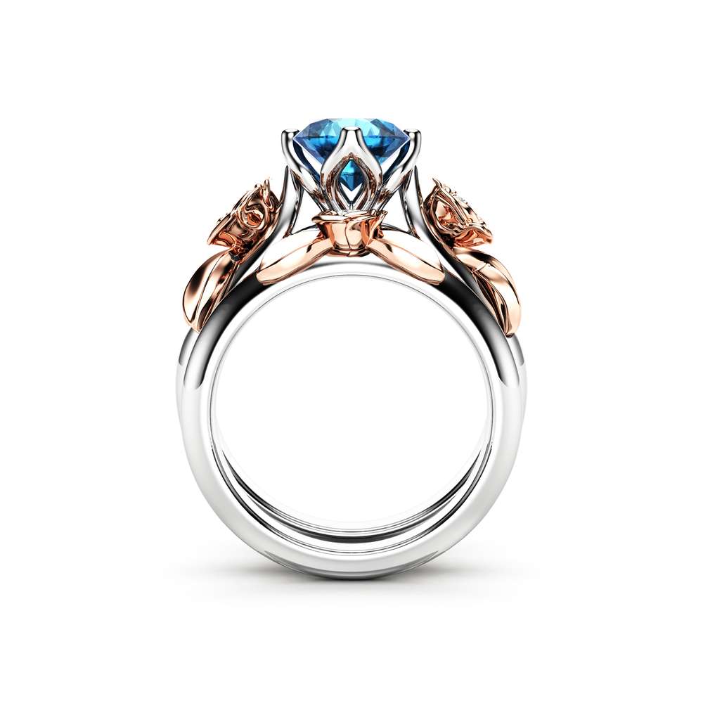 Floral Engagement Ring Unique Bridal Set Blue Topaz Engagement Ring 4 Floral Engagement Ring Unique Bridal Set Blue Topaz Engagement Ring
