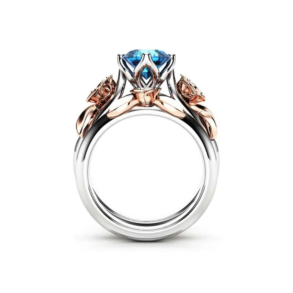 Floral Engagement Ring Unique Bridal Set Blue Topaz Engagement Ring