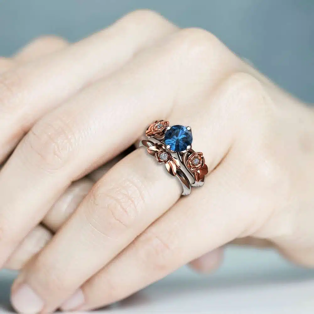 Floral Engagement Ring Unique Bridal Set Blue Topaz Engagement Ring