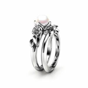 Pearl Engagement Ring Set White Gold Rings Rose Engagement Ring Pearl Gold Ring