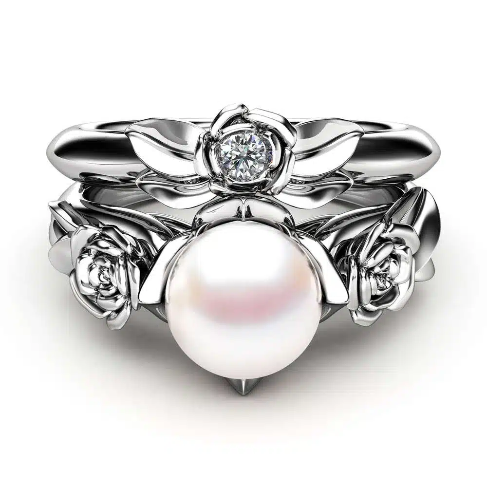 Pearl Engagement Ring Set White Gold Rings Rose Engagement Ring Pearl Gold Ring 2 Pearl Engagement Ring Set White Gold Rings Rose Engagement Ring Pearl Gold Ring
