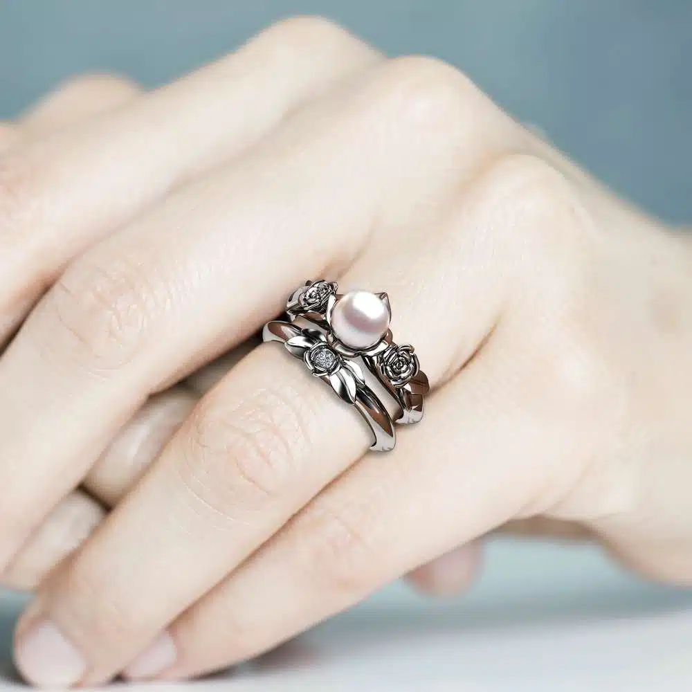 Pearl Engagement Ring Set White Gold Rings Rose Engagement Ring Pearl Gold Ring 5 Pearl Engagement Ring Set White Gold Rings Rose Engagement Ring Pearl Gold Ring