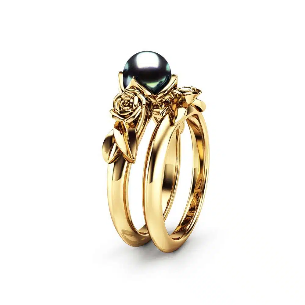 Black Pearl Engagement Ring Set Rose Engagement Ring Pearl Gold Ring 1 Black Pearl Engagement Ring Set Rose Engagement Ring Pearl Gold Ring