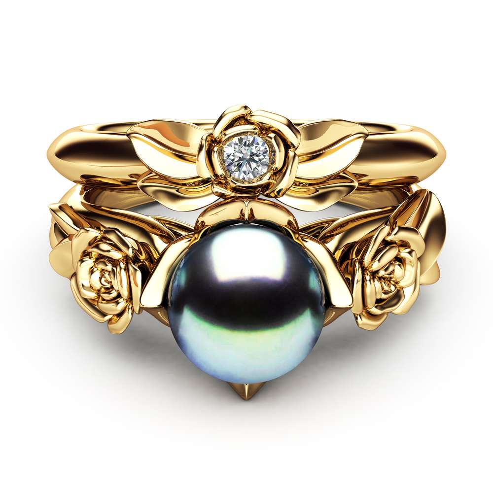 Black Pearl Engagement Ring Set Rose Engagement Ring Pearl Gold Ring 2 Black Pearl Engagement Ring Set Rose Engagement Ring Pearl Gold Ring