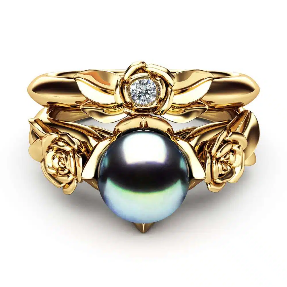 Black Pearl Engagement Ring Set Rose Engagement Ring Pearl Gold Ring 2 Black Pearl Engagement Ring Set Rose Engagement Ring Pearl Gold Ring