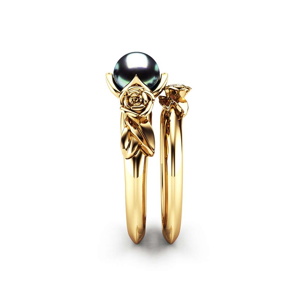 Black Pearl Engagement Ring Set Rose Engagement Ring Pearl Gold Ring 3 Black Pearl Engagement Ring Set Rose Engagement Ring Pearl Gold Ring