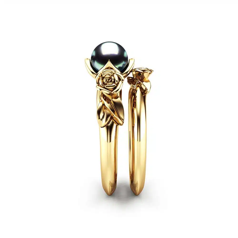 Black Pearl Engagement Ring Set Rose Engagement Ring Pearl Gold Ring 3 Black Pearl Engagement Ring Set Rose Engagement Ring Pearl Gold Ring