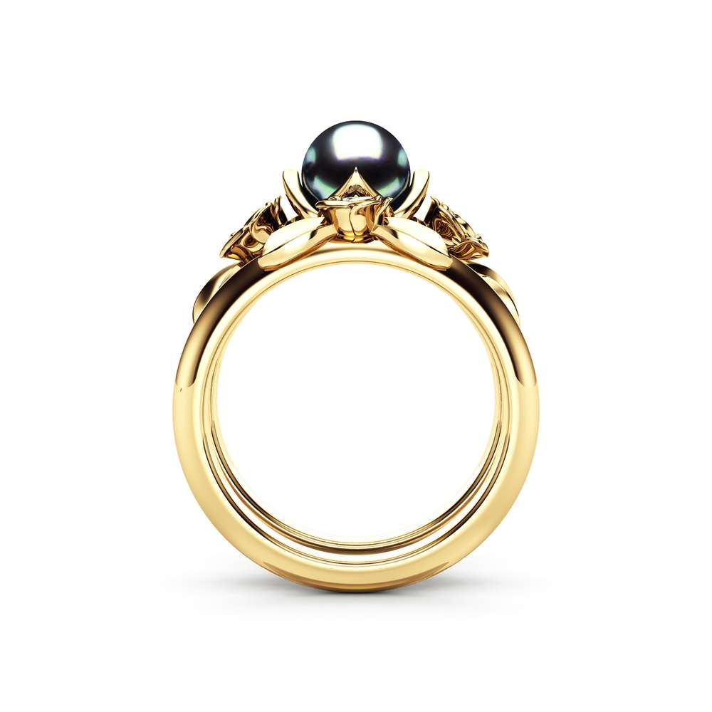 Black Pearl Engagement Ring Set Rose Engagement Ring Pearl Gold Ring 4 Black Pearl Engagement Ring Set Rose Engagement Ring Pearl Gold Ring