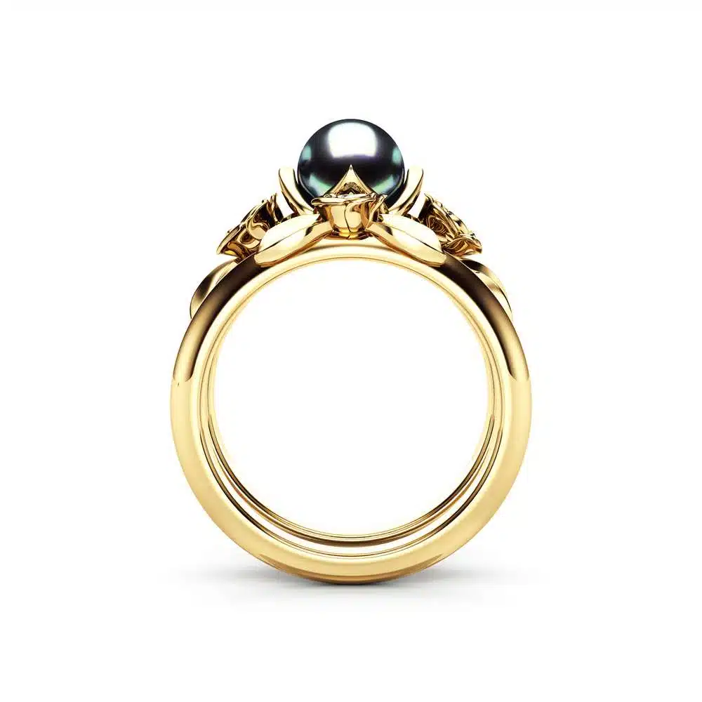 Black Pearl Engagement Ring Set Rose Engagement Ring Pearl Gold Ring 4 Black Pearl Engagement Ring Set Rose Engagement Ring Pearl Gold Ring