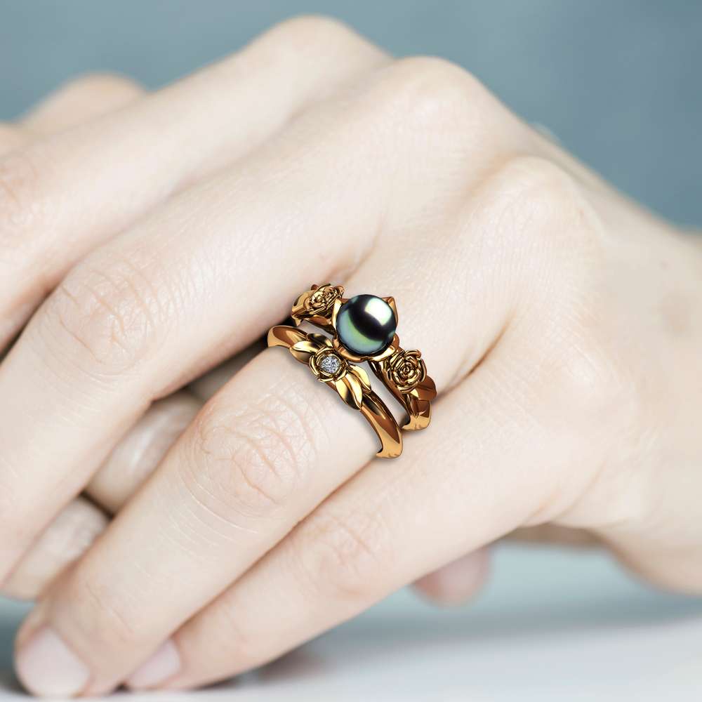Black Pearl Engagement Ring Set Rose Engagement Ring Pearl Gold Ring 5 Black Pearl Engagement Ring Set Rose Engagement Ring Pearl Gold Ring