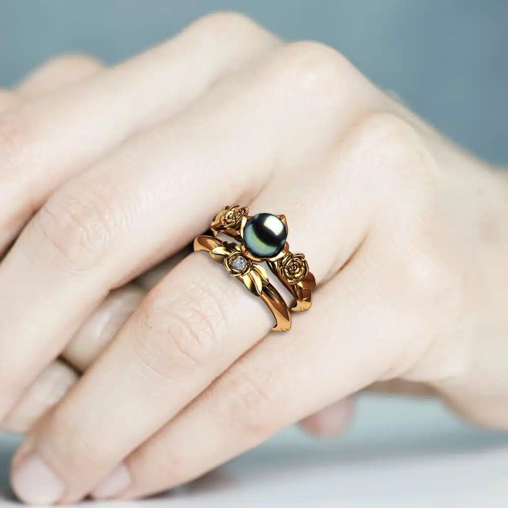 Black Pearl Engagement Ring Set Rose Engagement Ring Pearl Gold Ring 5 Black Pearl Engagement Ring Set Rose Engagement Ring Pearl Gold Ring