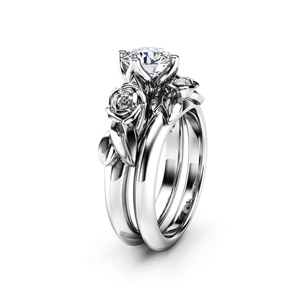 Moissanite Engagement Ring Set 14K White Gold Matching Rings Flower Roses Engagement Ring 1 Moissanite Engagement Ring Set 14K White Gold Matching Rings Flower Roses Engagement Ring