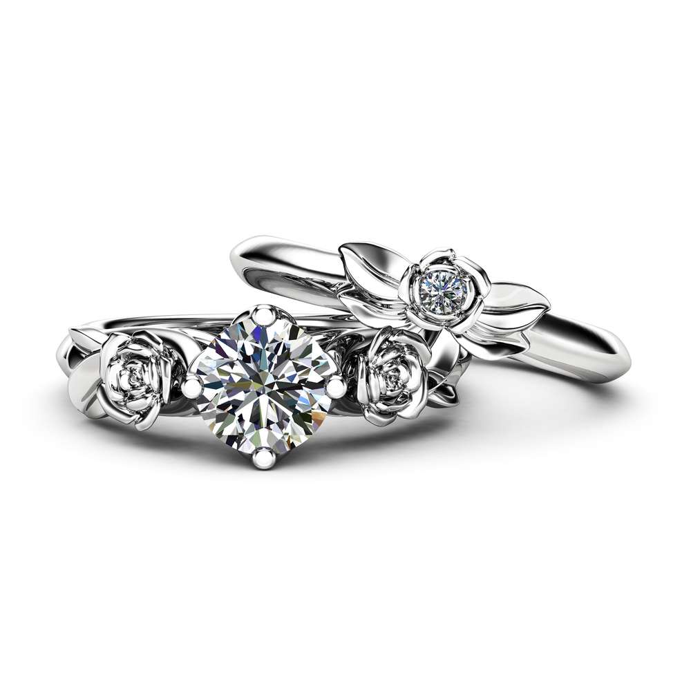 Moissanite Engagement Ring Set 14K White Gold Matching Rings Flower Roses Engagement Ring 2 Moissanite Engagement Ring Set 14K White Gold Matching Rings Flower Roses Engagement Ring