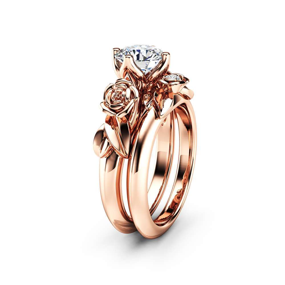 Moissanite Rose Engagement Ring 14K Rose Gold Bridal Set