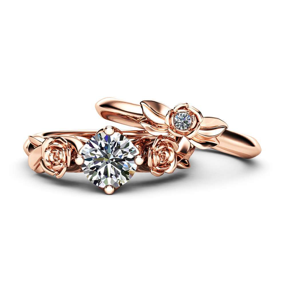 Moissanite Rose Engagement Ring 14K Rose Gold Bridal Set