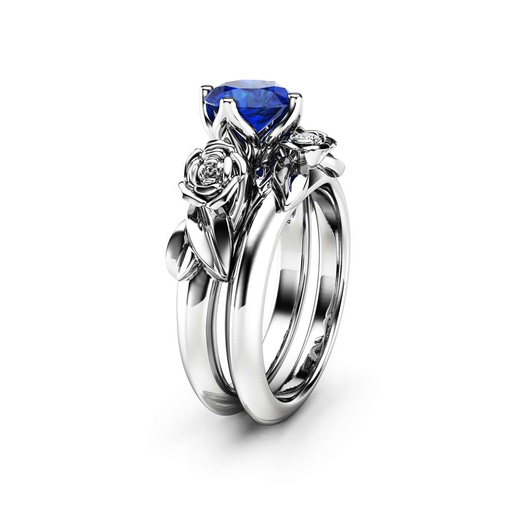 Unique 14K White Gold Blue Sapphire Ring Set / Blue Sapphire Flower Ring for Women / Floral Gemstone Engagement Ring Set / Bridal Ring Set 1 Unique 14K White Gold Blue Sapphire Ring Set / Blue Sapphire Flower Ring for Women / Floral Gemstone Engagement Ring Set / Bridal Ring Set