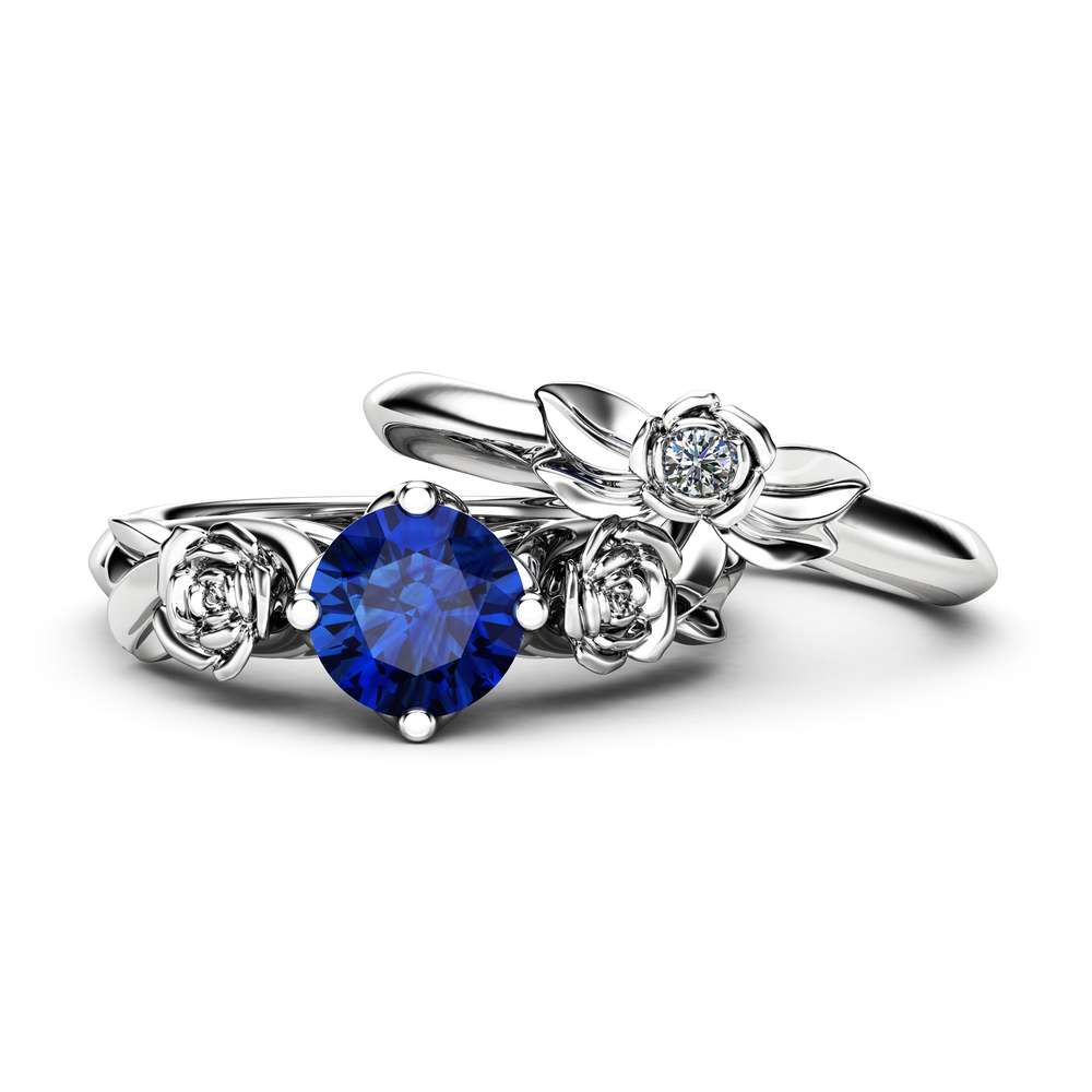 Unique 14K White Gold Blue Sapphire Ring Set / Blue Sapphire Flower Ring for Women / Floral Gemstone Engagement Ring Set / Bridal Ring Set 2 Unique 14K White Gold Blue Sapphire Ring Set / Blue Sapphire Flower Ring for Women / Floral Gemstone Engagement Ring Set / Bridal Ring Set