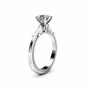 Solitaire Moissanite Promise Ring 14K White Gold Engagement Ring Miligrain Art Deco Ring Anniversary Gift
