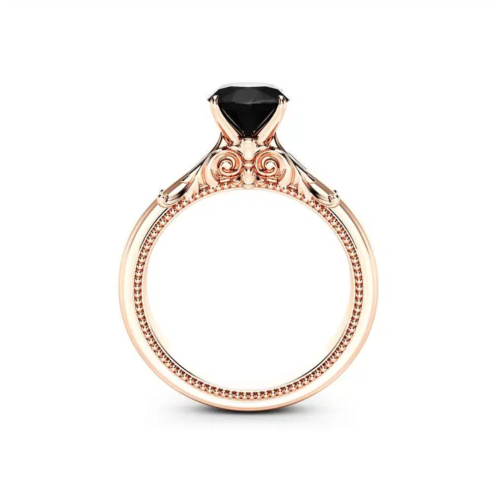 Solitaire Black Diamond Promise Ring 14K Rose Gold Engagement Ring Miligrain Art Deco Ring Anniversary Gift 3 Solitaire Black Diamond Promise Ring 14K Rose Gold Engagement Ring Miligrain Art Deco Ring Anniversary Gift
