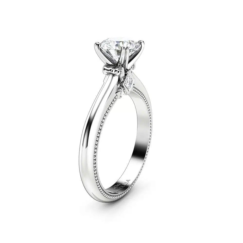 Direct frontal view of a 1-carat round lab diamond engagement ring with side accents.