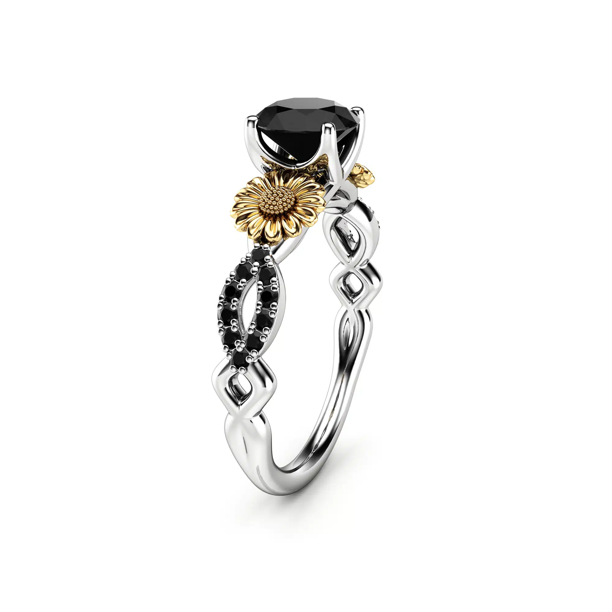 MIL-0052B_Two-tone-Gold_Diamond-1 Natural Black Diamond in 14k Gold Sunflower Engagement Ring / Sunflower Ring for Women