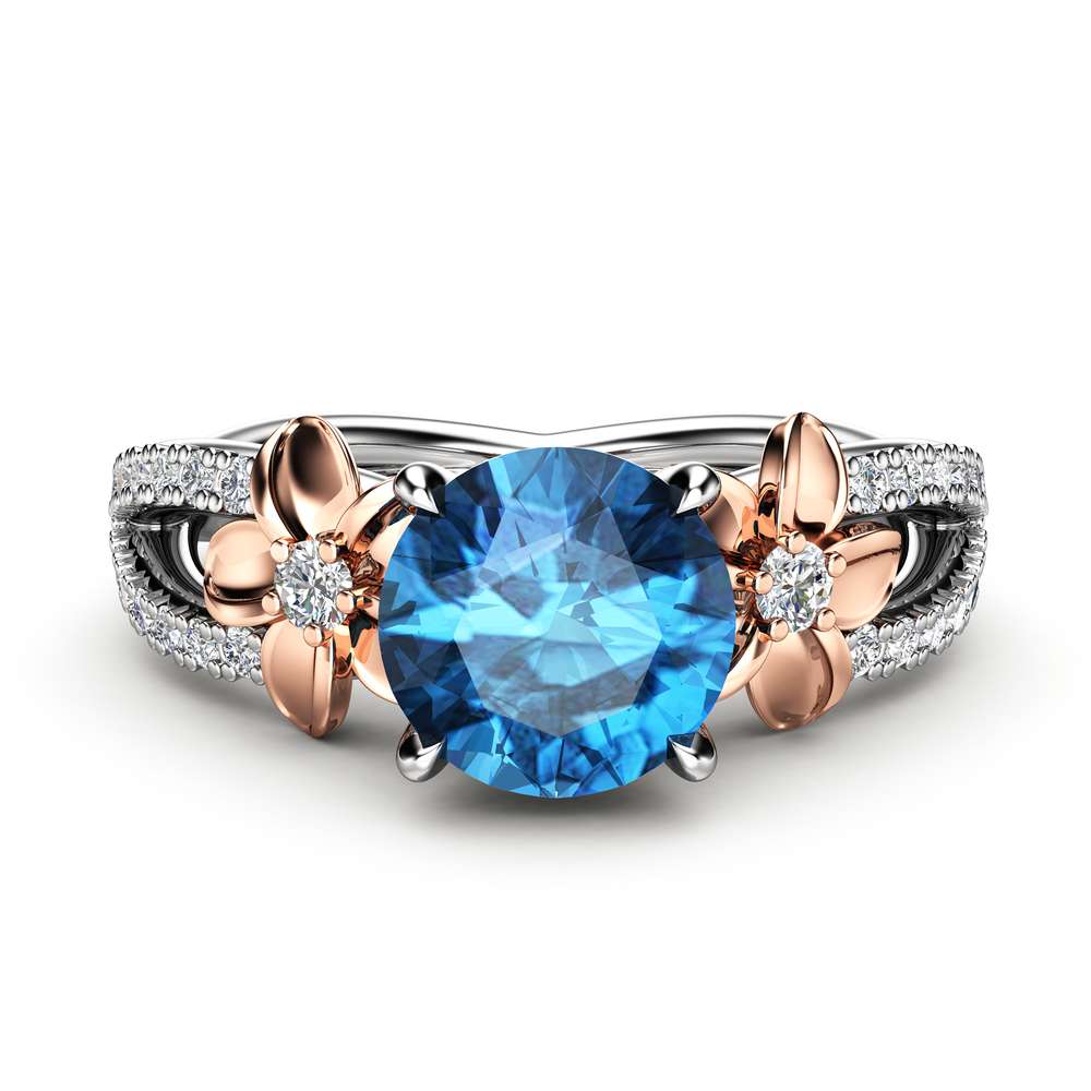 14k White Gold Blue Diamond Engagement Ring for Women / Unique Engagement Ring / Alternative Gold Flower Ring / Floral Blue Diamond Ring