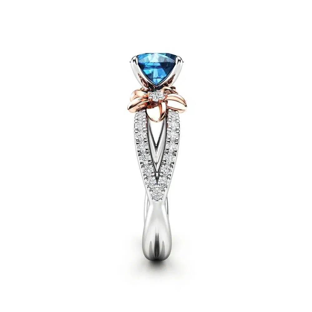 14k White Gold Blue Diamond Engagement Ring for Women / Unique Engagement Ring / Alternative Gold Flower Ring / Floral Blue Diamond Ring