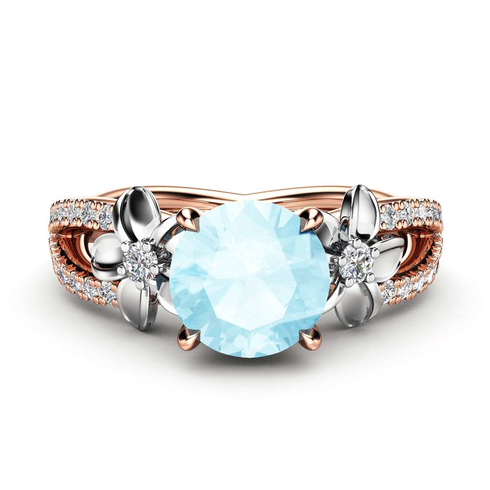 Rose Gold Aquamarine Vintage Engagement Ring for Women / Unique Flower Engagement Ring / Alternative Ring / Floral Gemstone Engagement Ring