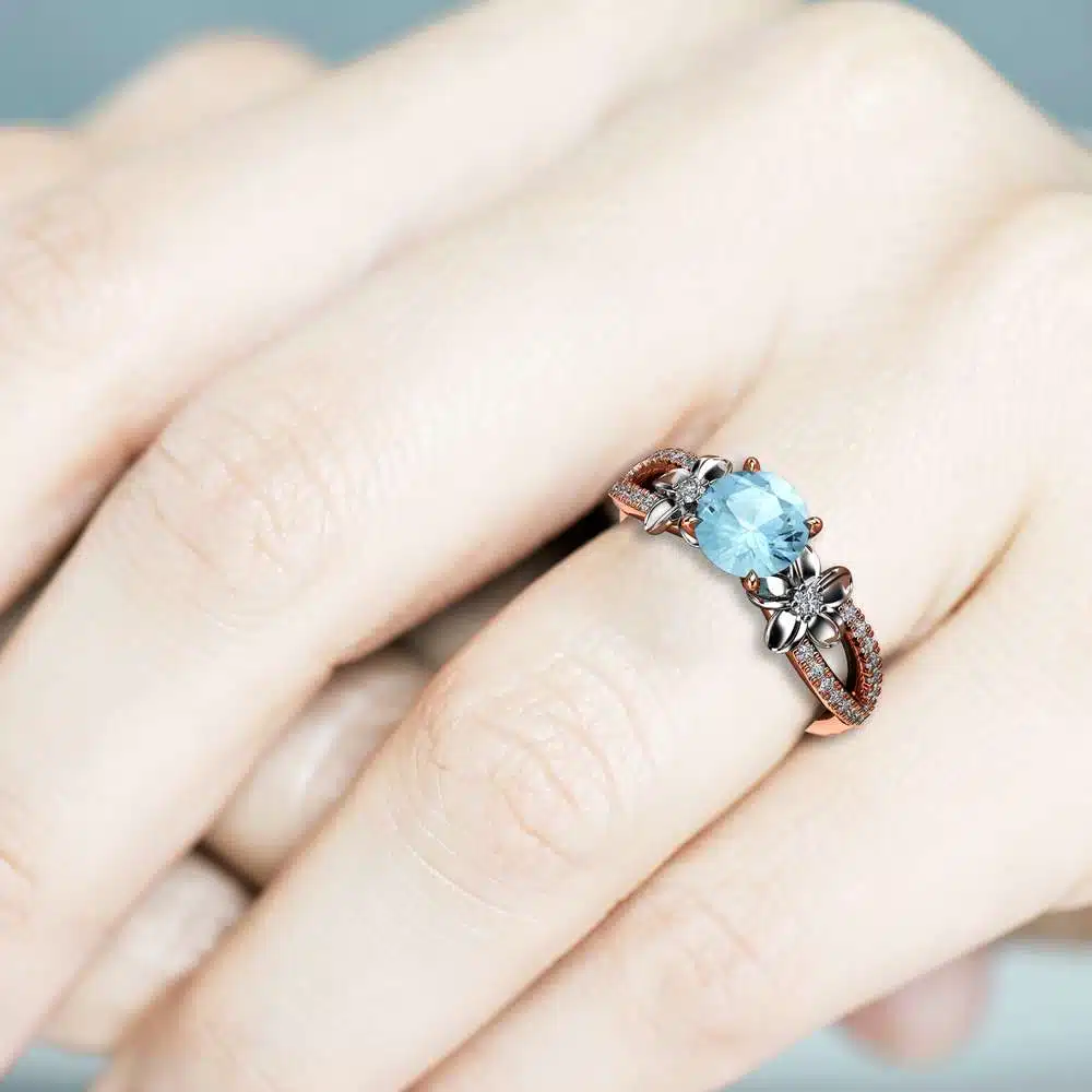 Rose Gold Aquamarine Vintage Engagement Ring for Women / Unique Flower Engagement Ring / Alternative Ring / Floral Gemstone Engagement Ring