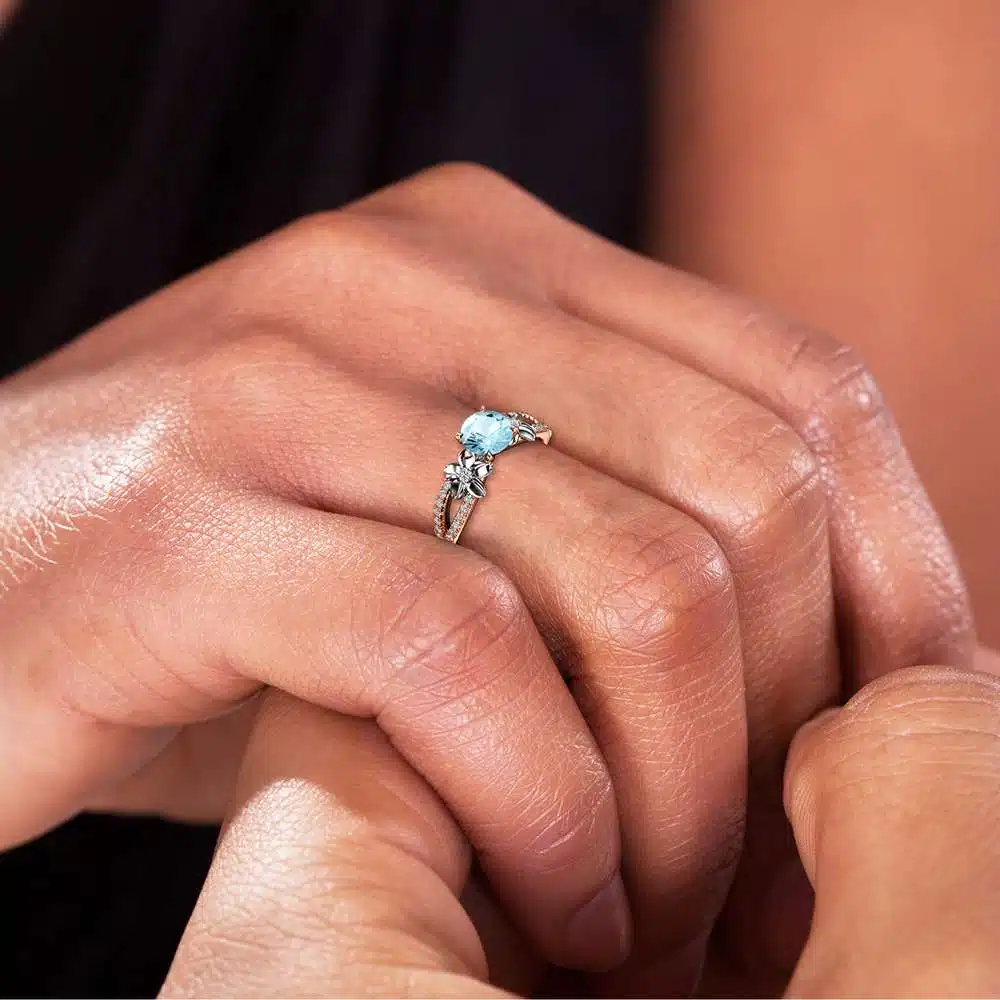 Rose Gold Aquamarine Vintage Engagement Ring for Women / Unique Flower Engagement Ring / Alternative Ring / Floral Gemstone Engagement Ring