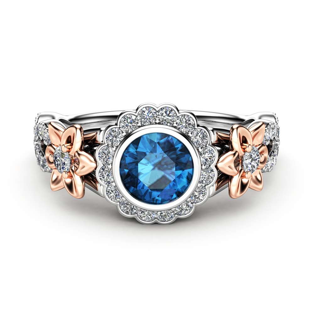 14k White Gold Blue Diamond Engagement Ring / Unique Flower Engagement Ring / Floral Halo Engagement Ring
