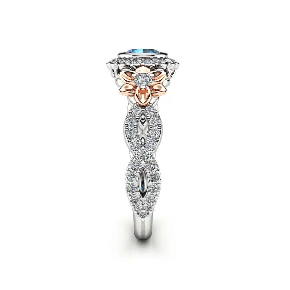 14k White Gold Blue Diamond Engagement Ring / Unique Flower Engagement Ring / Floral Halo Engagement Ring