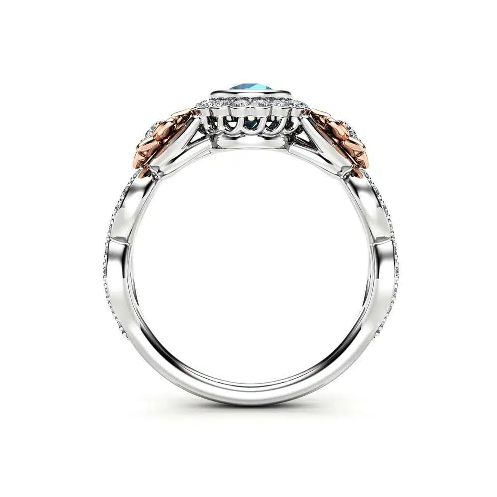 14k White Gold Blue Diamond Engagement Ring / Unique Flower Engagement Ring / Floral Halo Engagement Ring