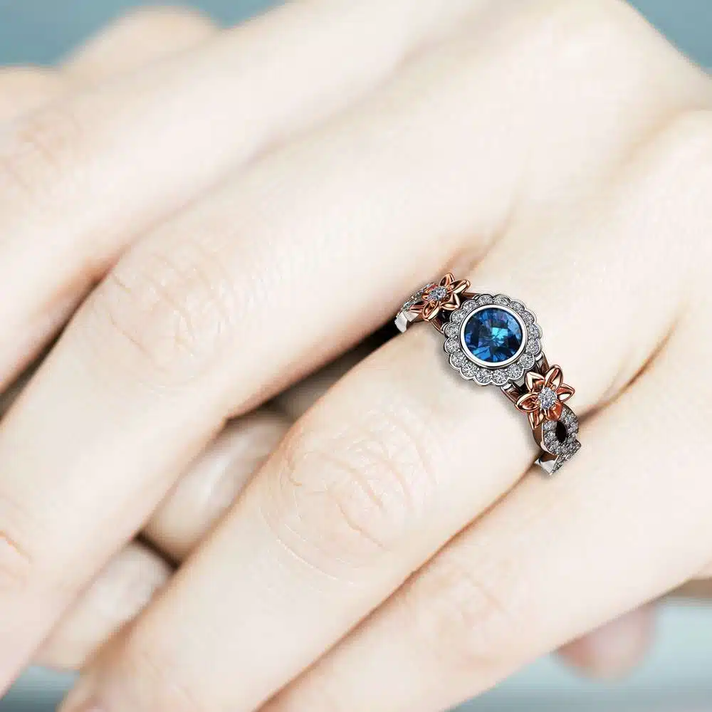 14k White Gold Blue Diamond Engagement Ring / Unique Flower Engagement Ring / Floral Halo Engagement Ring