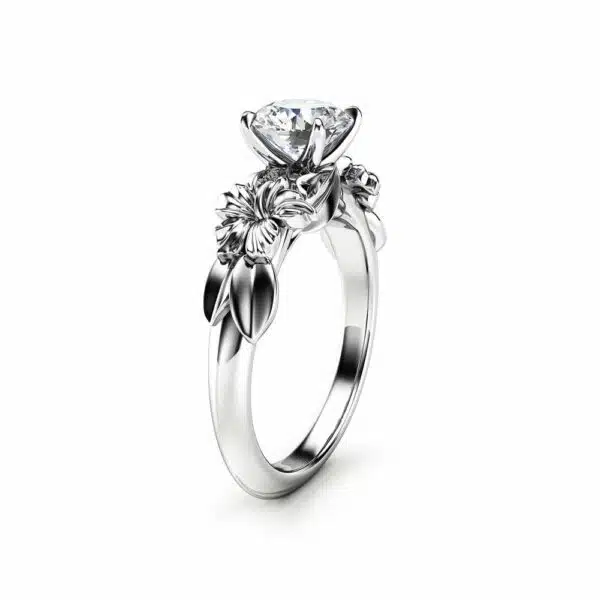 Hibiscus Flower Natural Diamond White Gold Engagement Ring